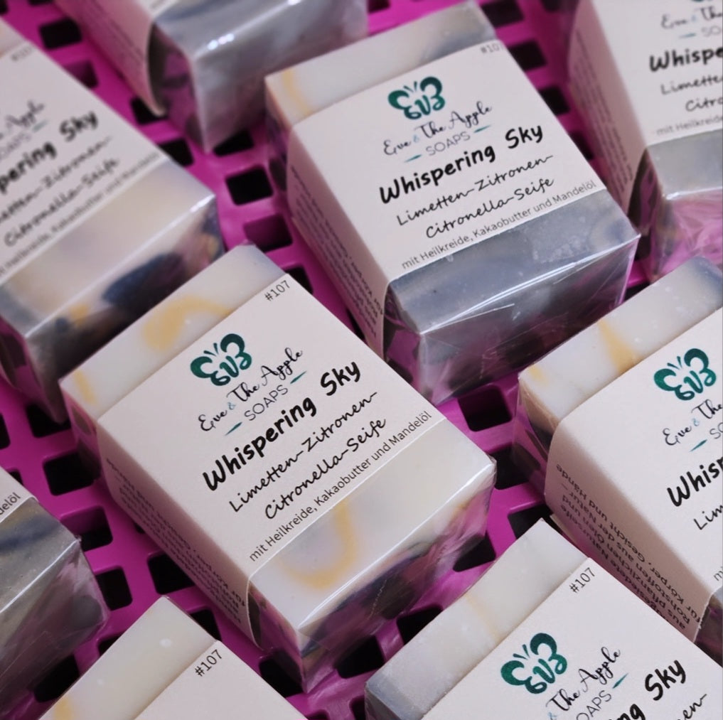 WHISPERING SKY #107 Limetten-Zitronen-Citronella-Seife ART SOAP mit Heilkreide, Kakaobutter und Mandelöl, beduftet, 140 g